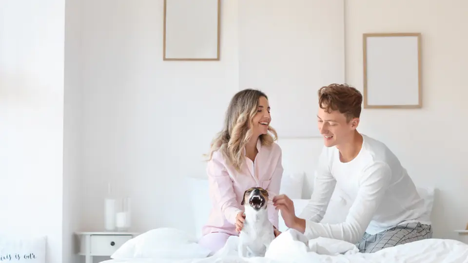 Incontri sesso Brescia: una coppia seduta sul letto che si sorride