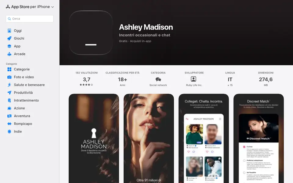 Recensione Ashley Madison: l'app nell'App Store italiano con 3,7 stelle su 182 valutazioni e la funzione Discreet Match
