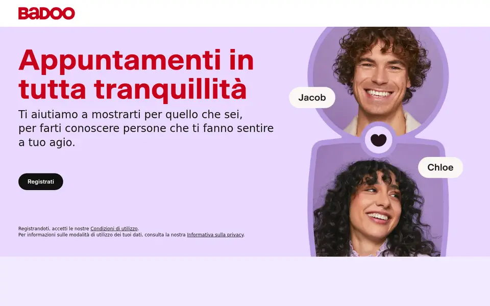 Recensione Badoo: la pagina italiana di badoo.com con il titolo «Appuntamenti in tutta tranquillità» e il pulsante Registrati