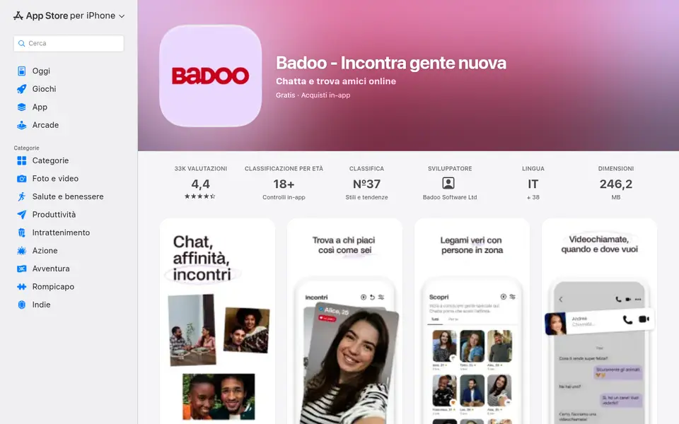 Recensione Badoo: la scheda dell'App Store italiano con 4,4 stelle e le schermate di Incontri e delle persone in zona