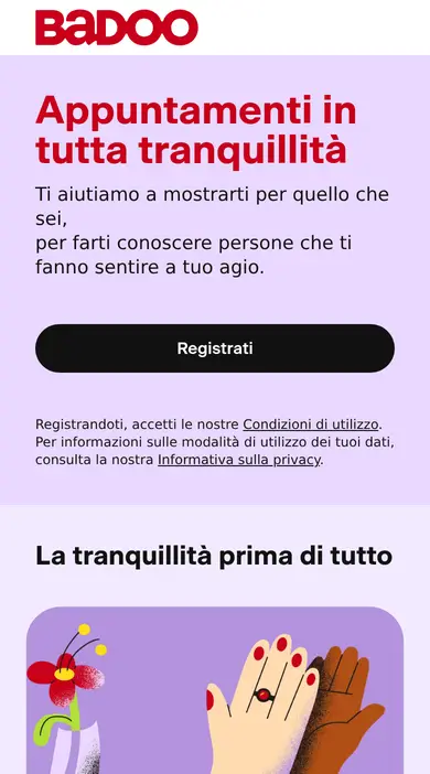 Recensione Badoo su smartphone: la home page italiana con il pulsante Registrati e la sezione «La tranquillità prima di tutto»