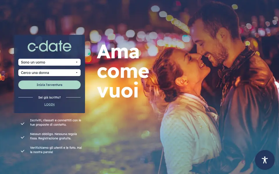 Recensione C-Date: la home page di c-date.it con il modulo di iscrizione gratuita e il motto «Ama come vuoi»