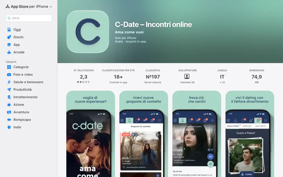 Recensione C-Date: la pagina dell'app nell'App Store italiano con 2,3 stelle su 47 valutazioni e le schermate delle proposte di contatto