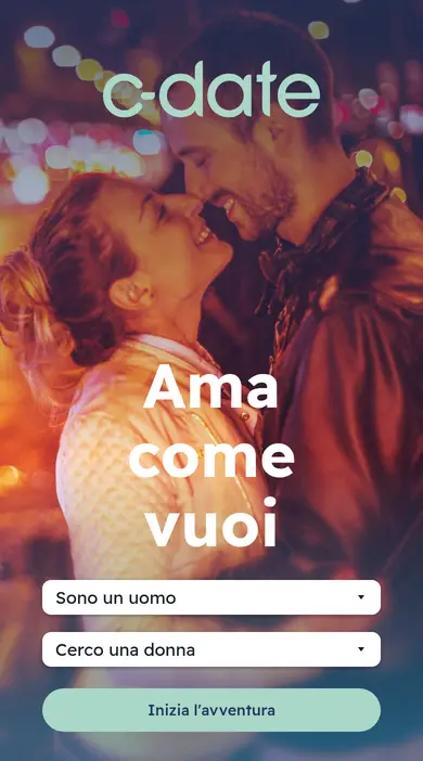 Recensione C-Date su smartphone: la home page di c-date.it con il motto «Ama come vuoi» e il modulo per iniziare