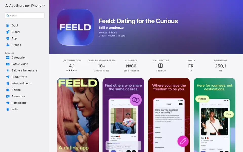 Recensione Feeld: l'app «Feeld: Dating for the Curious» nell'App Store italiano con 4,1 stelle e 1,5K valutazioni