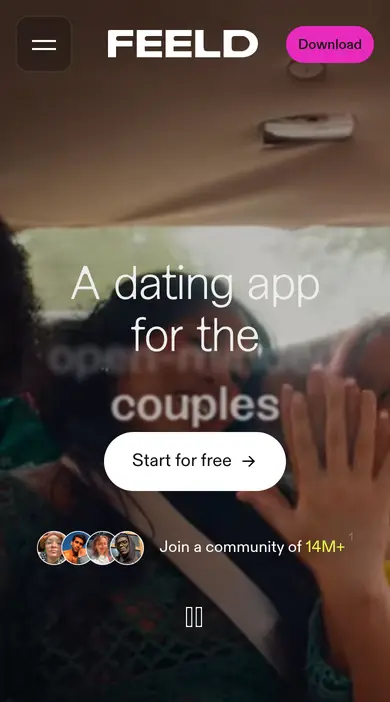Recensione Feeld su smartphone: la home page di feeld.co con lo slogan in inglese e il pulsante «Start for free»
