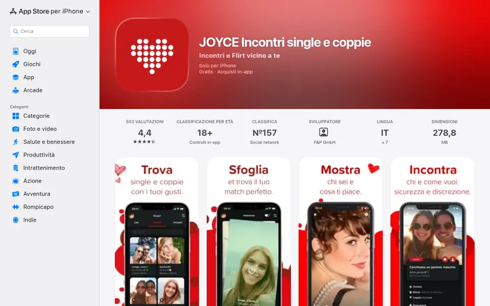 Recensione JOYclub: l'app JOYCE nell'App Store italiano con 4,4 stelle su 503 valutazioni e le schermate di ricerca dei profili