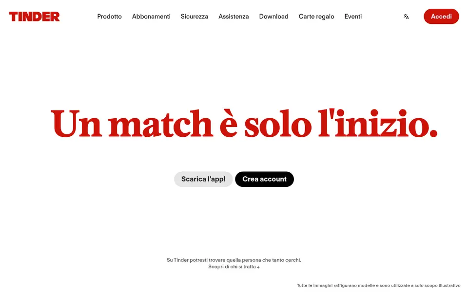 Recensione Tinder: la home page italiana di tinder.com con lo slogan «Un match è solo l'inizio» e i pulsanti per scaricare l'app o creare un account