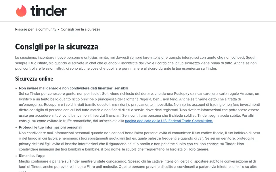 Recensione Tinder: la pagina «Consigli per la sicurezza» con gli avvisi su denaro, dati personali e chat da tenere nell'app