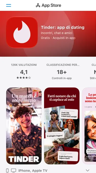 Recensione Tinder sullo smartphone: la scheda mobile dell'App Store italiano con 4,1 stelle, 126K valutazioni e classificazione 18+