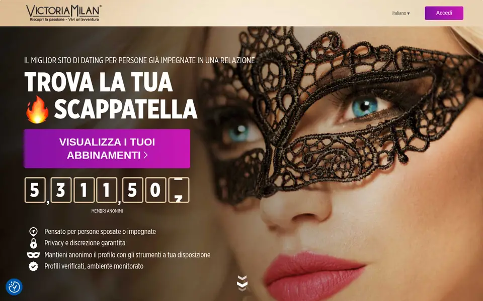 Recensione Victoria Milan: la pagina italiana con il titolo «Trova la tua scappatella» e le promesse di anonimato e privacy