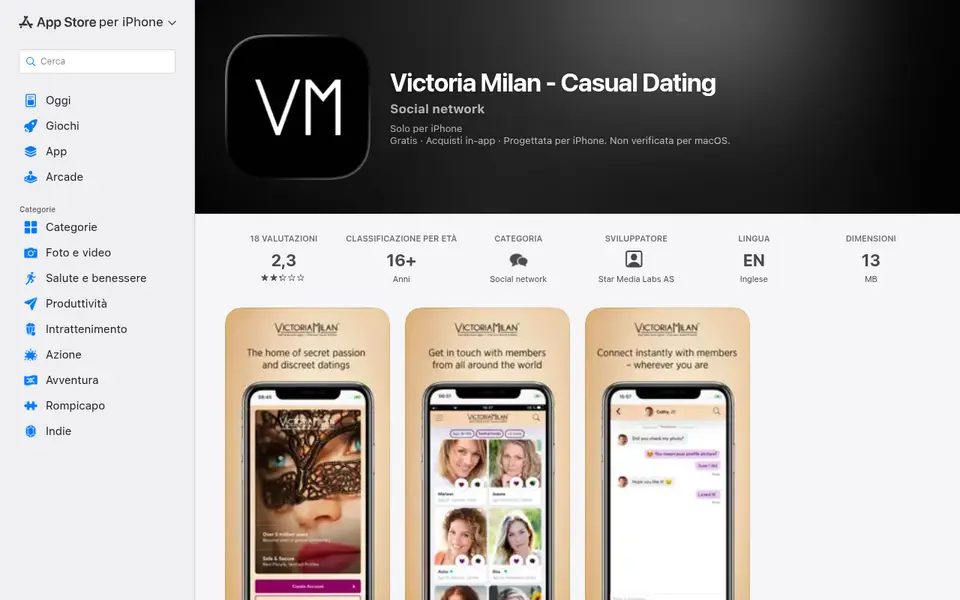 Recensione Victoria Milan: la scheda dell'App Store italiano con 2,3 stelle, 18 valutazioni, età 16+ e lingua inglese