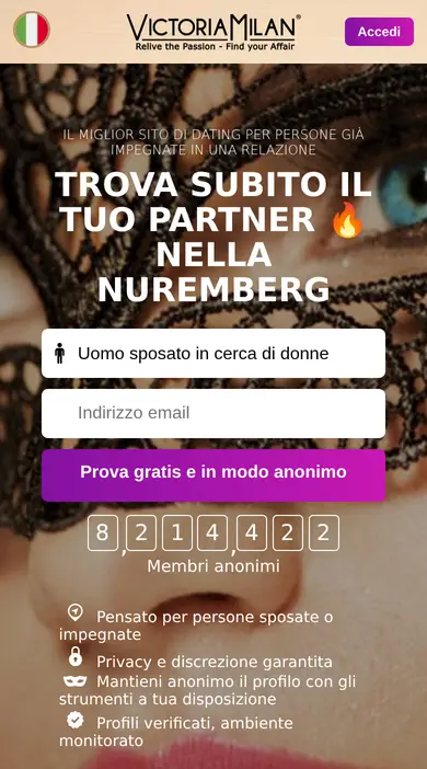 Recensione Victoria Milan su smartphone: la home page con il modulo «Prova gratis e in modo anonimo» e il contatore dei membri anonimi